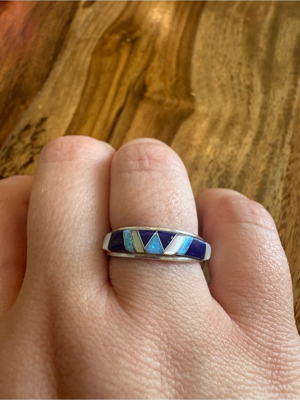 Sterling Silver Signed Blue Opal Inlay Band Ring - Women's Jewelry